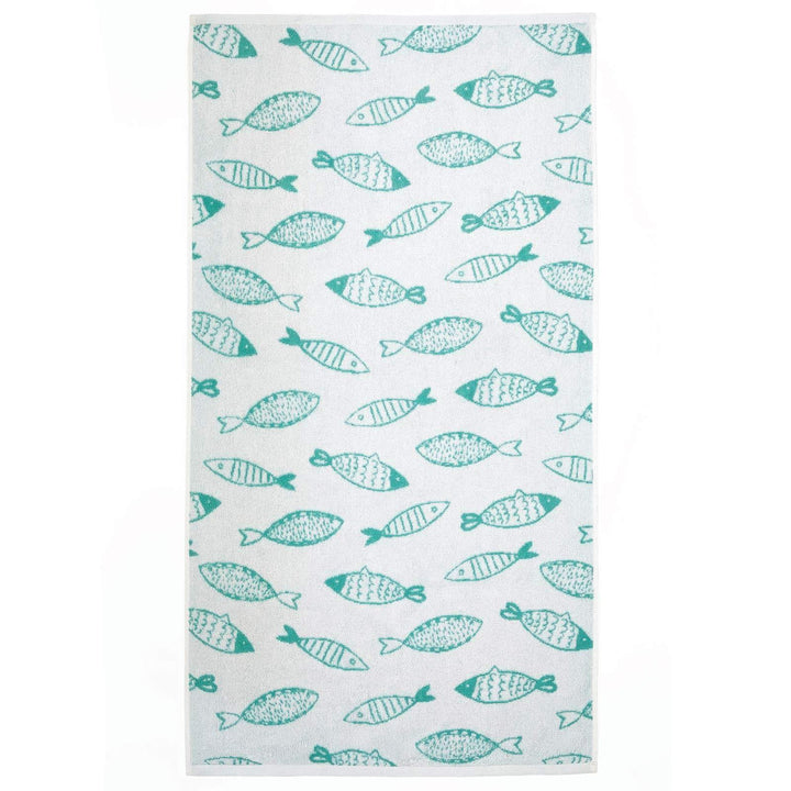 Fish Aqua & White Cotton Jacquard Towels - Ideal