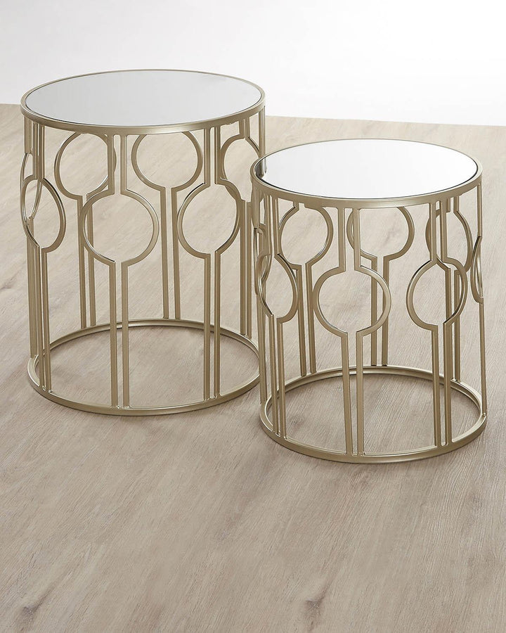 Set of 2 Champagne Iron Round Mirrored Glass Side Tables - Ideal