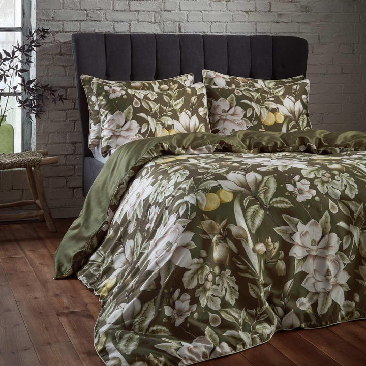 Lavish Floral Cotton Sateen Moss Duvet Cover Set - Ideal