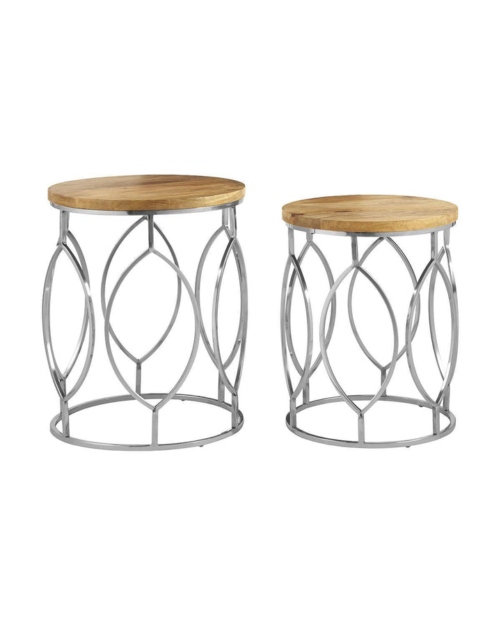 Set of 2 Silver Metallic Side Tables with Mango Wood - Ideal