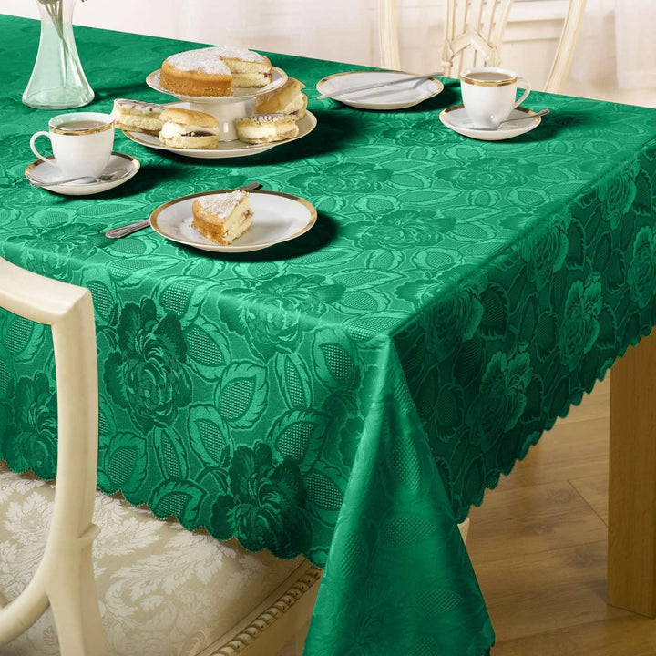 Damask Rose Floral Jacquard Forest Green Tablecloths & Napkins - 50'' x 70'' - Ideal Textiles
