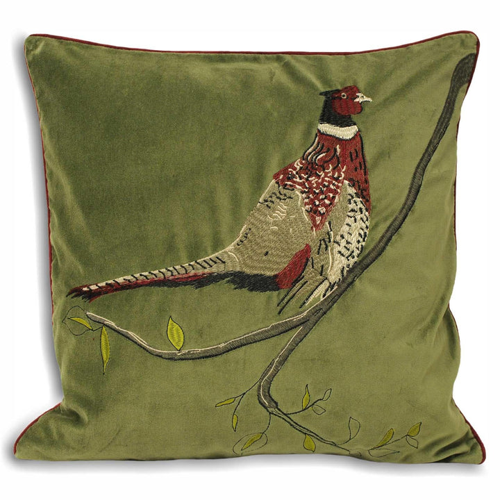 Hunter Velvet Pheasant Embroidery Green Cushion Covers 18'' x 18'' -  - Ideal Textiles