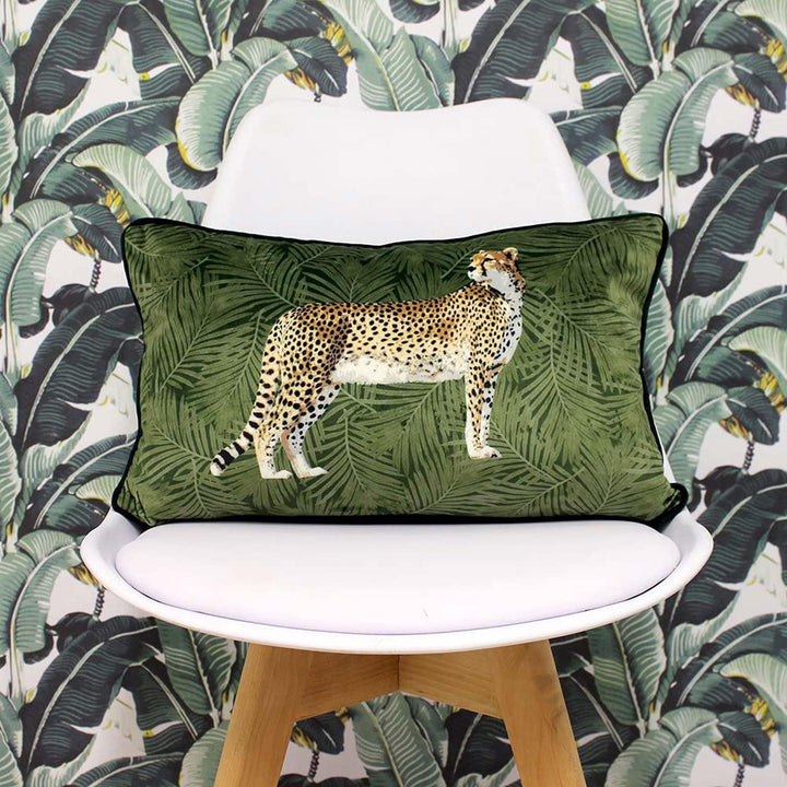 Cheetah Forest Tropical Velvet Green Cushion Covers 12'' x 20'' -  - Ideal Textiles