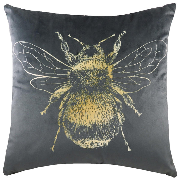 Gold Bee Printed Velvet Grey Filled Cushions 17'' x 17'' - Polyester Pad - Ideal Textiles