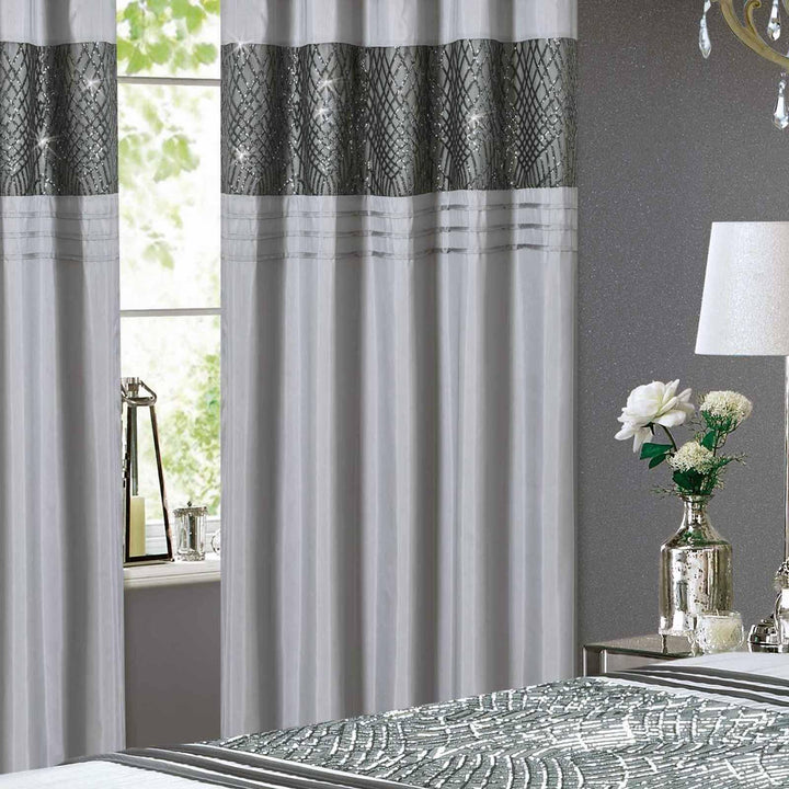 Charleston Sparkle Lined Eyelet Curtains Grey - 66'' x 72'' - Ideal Textiles