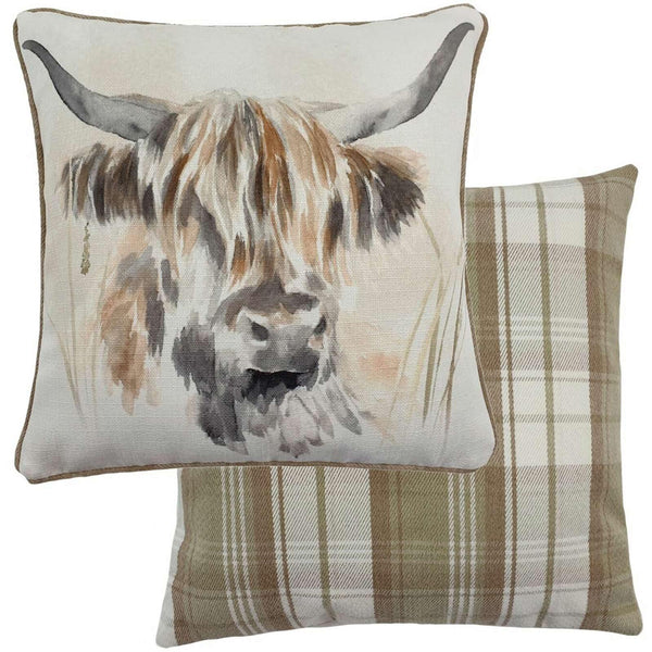 Watercolour Highland Cow Tartan Check Natural Cushion Covers 17'' x 17'' -  - Ideal Textiles