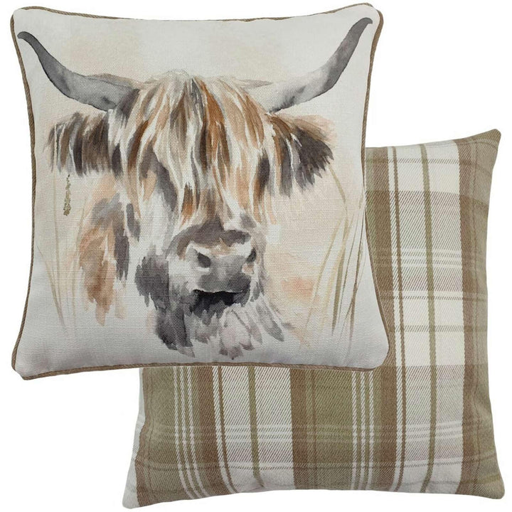 Watercolour Highland Cow Tartan Check Natural Filled Cushions 17'' x 17'' - Polyester Pad - Ideal Textiles