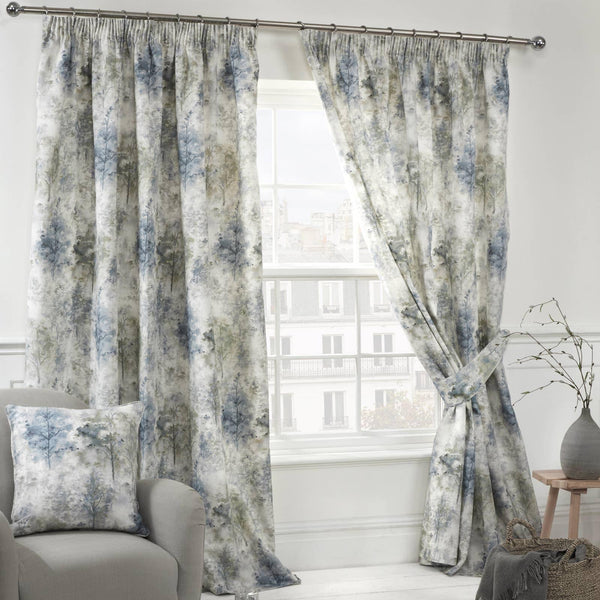 Woodland Lined Tape Top Curtains Blue - 46'' x 54'' - Ideal Textiles
