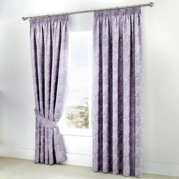 Jasmine Floral Jacquard Lavender Lined Tape Top Curtains - 66'' x 72'' - Ideal Textiles