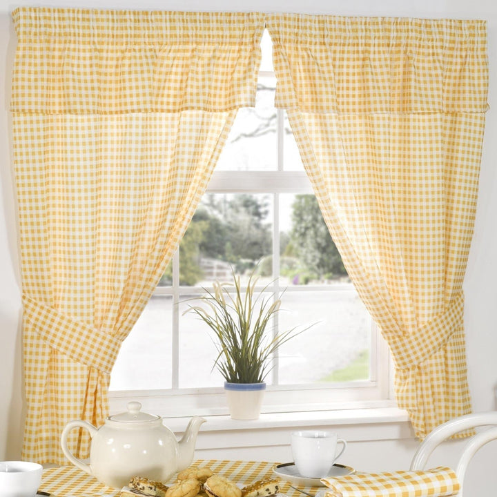 Molly Gingham Check Lemon Tape Top Kitchen Curtains Set - Ideal