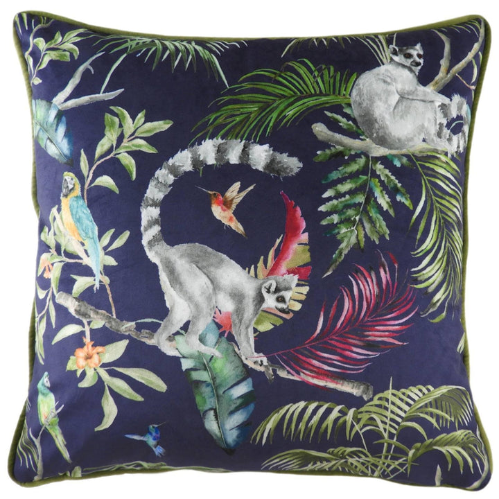 Jungle Lemur Tropical Print Velvet Blue Filled Cushions 17'' x 17'' - Polyester Pad - Ideal Textiles