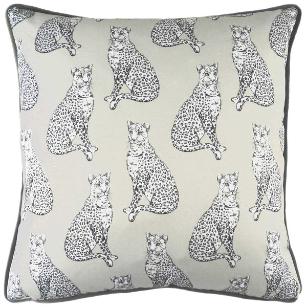 Safari Leopard Repeat Print Sateen Grey Filled Cushions 17'' x 17'' - Polyester Pad - Ideal Textiles