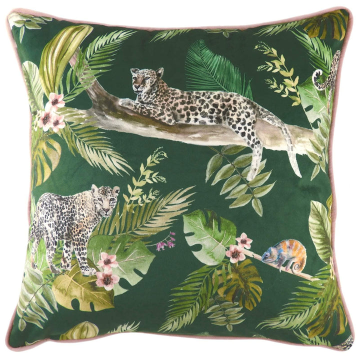 Jungle Leopard Tropical Print Velvet Green Filled Cushions 17'' x 17'' - Polyester Pad - Ideal Textiles