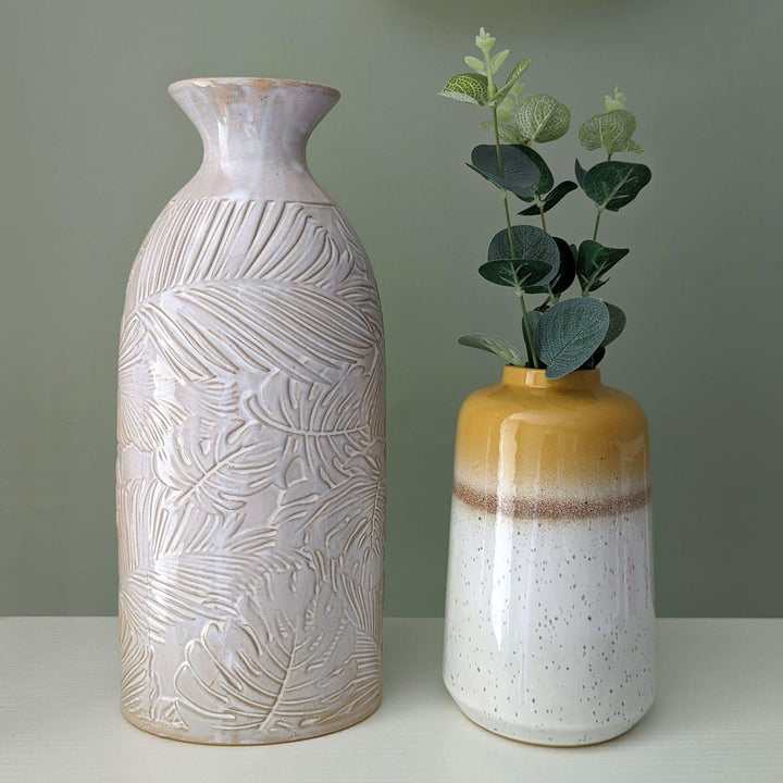 Poplar Cream Etched Leaf 32cm Glazed Vase -  - Ideal Textiles
