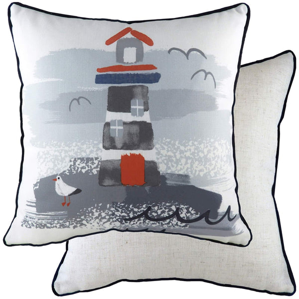 Nautical Lighthouse Seaside Scene Filled Cushions 17'' x 17'' - Polyester Pad - Ideal Textiles