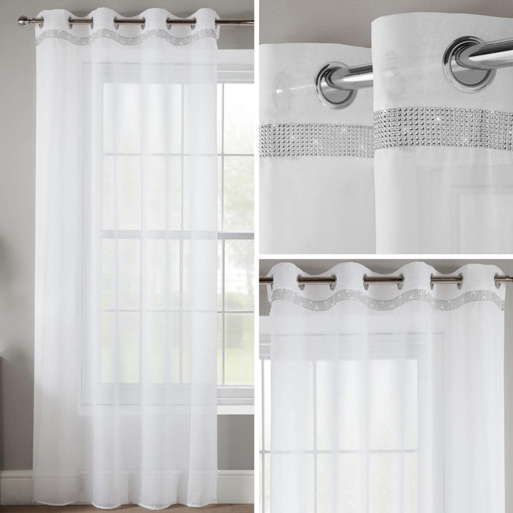 Glitter Diamante Eyelet Voile Curtain Panels White -  - Ideal Textiles