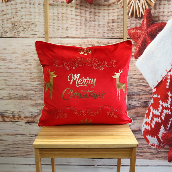 Merry Christmas Metallic Velvet Red & Gold Cushion Cover 18" x 18" - Ideal