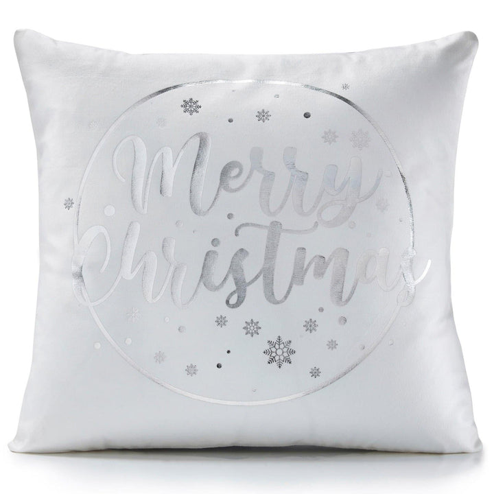 Merry Christmas Metallic Velvet White Cushion Cover 18" x 18" - Ideal