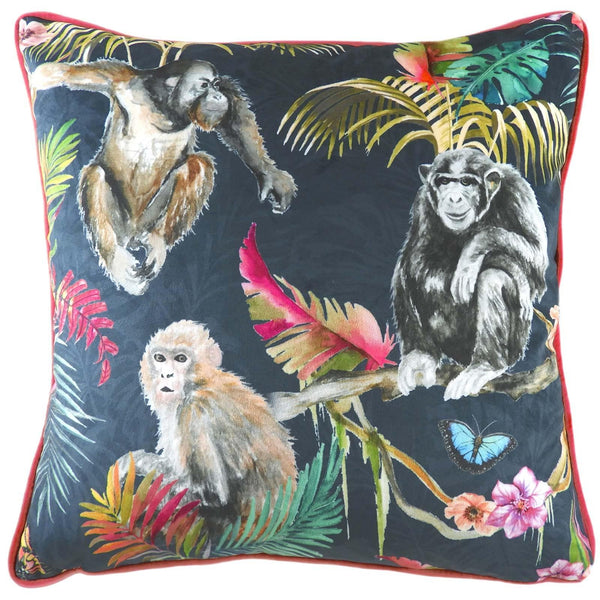 Jungle Monkeys Tropical Print Velvet Blue Filled Cushions 17'' x 17'' - Polyester Pad - Ideal Textiles