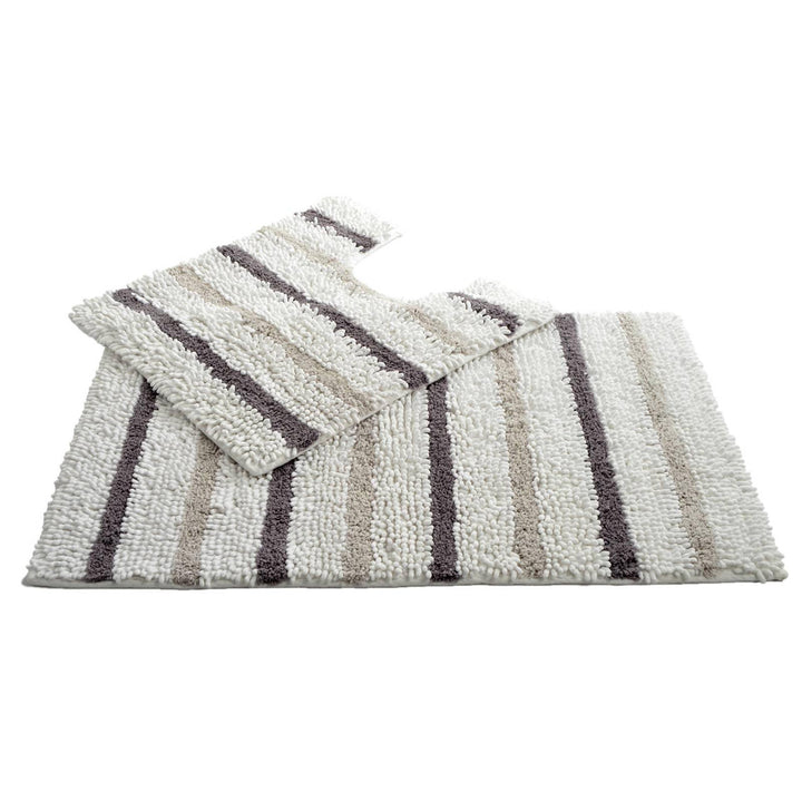 Juno Chenille Stripe Monochrome 100% Cotton 2 Piece Pedestal & Bath Mat Set -  - Ideal Textiles