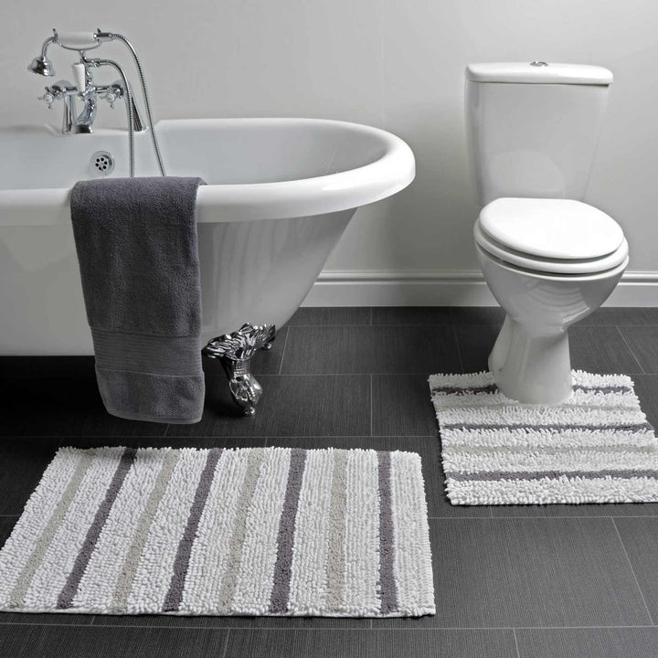Juno Chenille Stripe Monochrome 100% Cotton 2 Piece Pedestal & Bath Mat Set -  - Ideal Textiles
