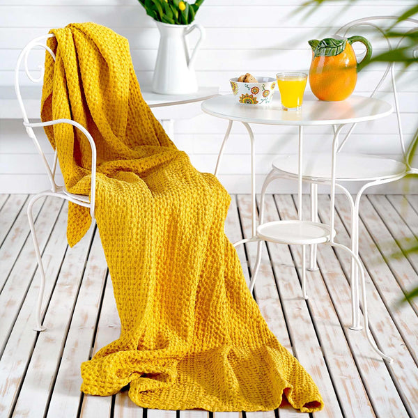 Mallory Luxury Honeycomb Waffle Throw Mustard -  - Ideal Textiles