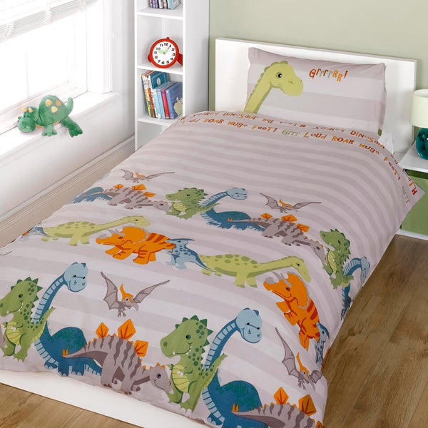 Dinosaur 'Grr! Roar!' Natural Kids Duvet Cover Set - Single - Ideal Textiles