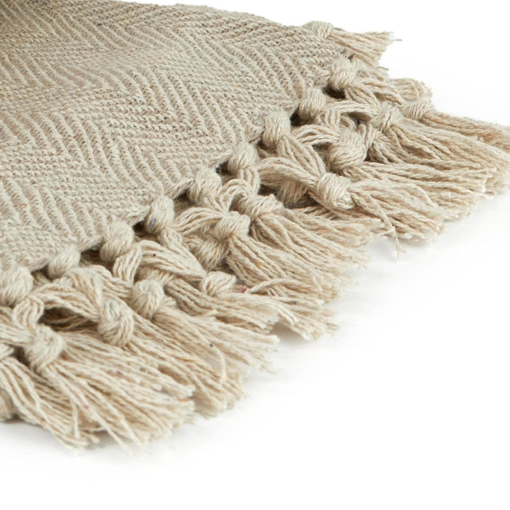 Herringbone Tasselled 100% Recycled Cotton Natural Throws -  - Ideal Textiles