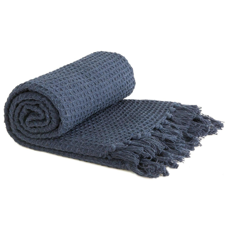 Honeycomb Waffle 100% Recycled Cotton Navy Throws - 127cm x 152cm - Ideal Textiles