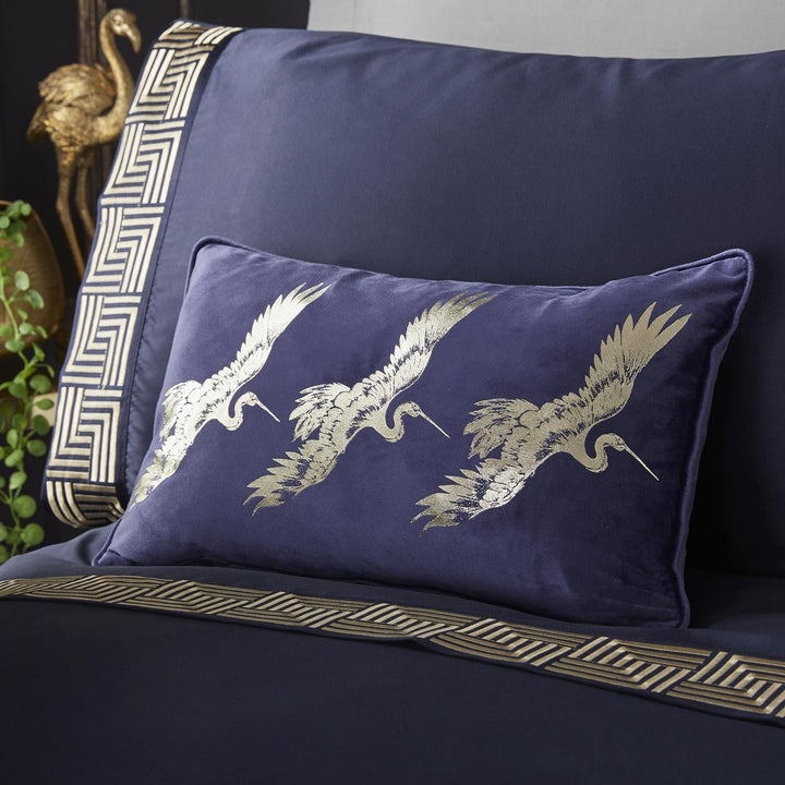 Qing Velvet Navy Filled Boudoir Cushion -  - Ideal Textiles