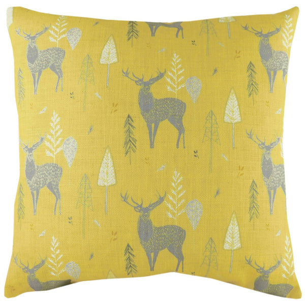 Hulder Stag Repeat Scandi Print Ochre Filled Cushions 17'' x 17'' - Polyester Pad - Ideal Textiles
