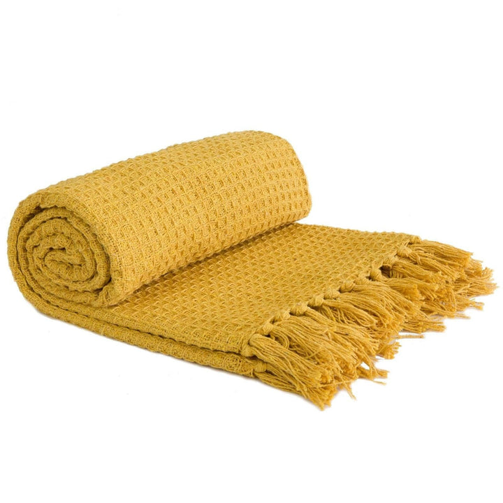 Honeycomb Waffle 100% Recycled Cotton Ochre Throws - 127cm x 152cm - Ideal Textiles