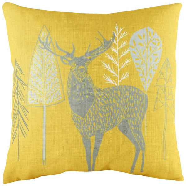 Hulder Stag Scandi Print Ochre Filled Cushions 17'' x 17'' - Polyester Pad - Ideal Textiles
