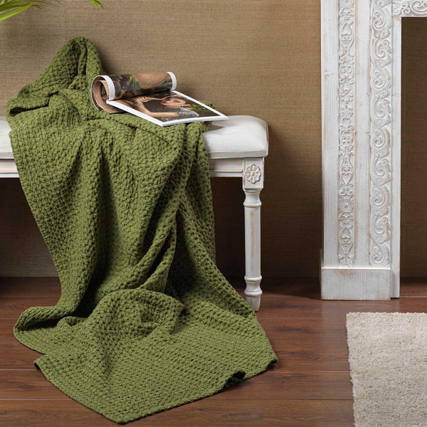 Mallory Luxury Honeycomb Waffle Throw Olive -  - Ideal Textiles