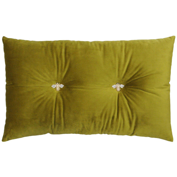 Bumble Bee Button Velvet Scatter Boudoir Cushion Olive -  - Ideal Textiles