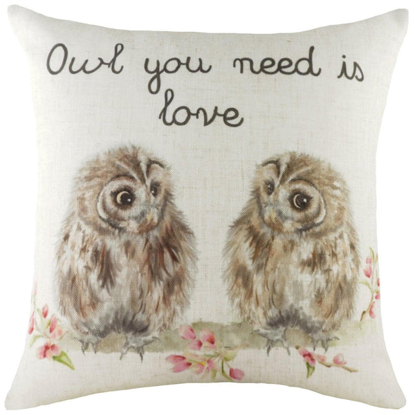 Hedgerow Owls Watercolour Hand Painted Filled Cushions 17'' x 17'' - Polyester Pad - Ideal Textiles