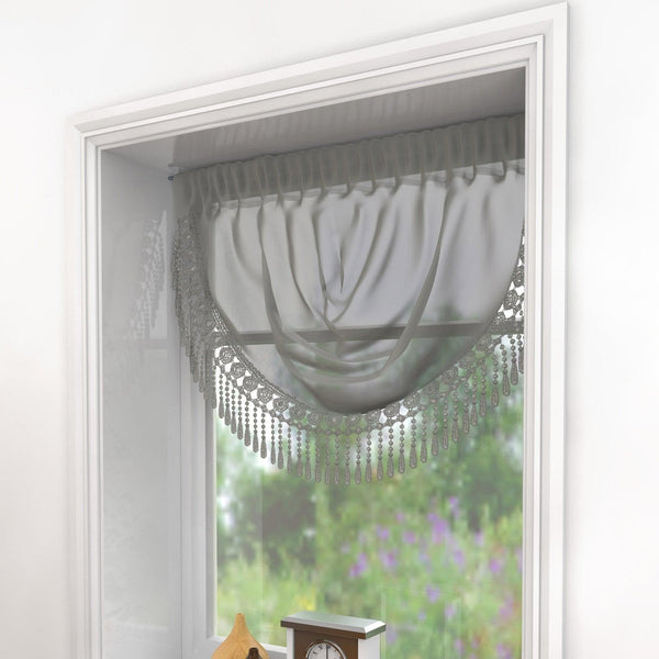 Maisie Macrame Trim Pewter Voile Curtain Swag -  - Ideal Textiles