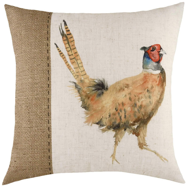 Hessian Pheasant Countryside Watercolour Print Filled Cushions 17'' x 17'' - Polyester Pad - Ideal Textiles