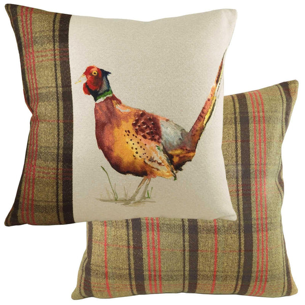 Hunter Pheasant Tartan Check Natural Filled Cushions 17'' x 17'' - Polyester Pad - Ideal Textiles