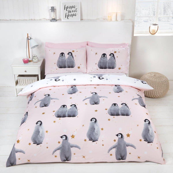 Starry Penguins Reversible Blush Pink Duvet Cover Set - Single - Ideal Textiles