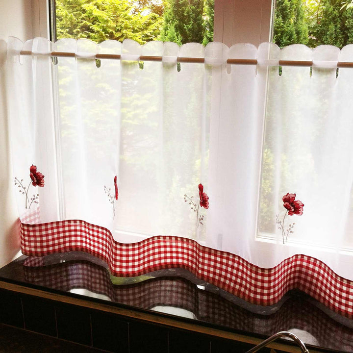 Poppies Gingham Trim Embroidered Red Voile Café Curtain Panels - 59'' x 18'' - Ideal Textiles