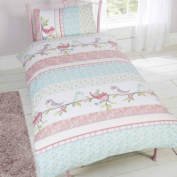 Little Birdie Floral Stripe Pink Kids Duvet Cover Set - Single - Ideal Textiles