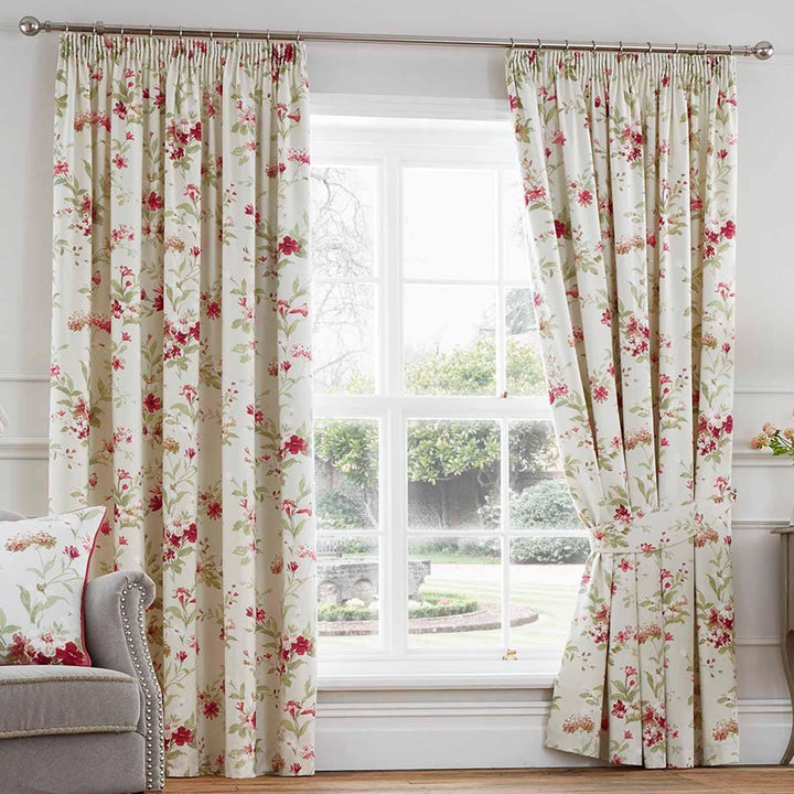 Jeannie Floral Lined Tape Top Curtains Red - 46'' x 54'' - Ideal Textiles