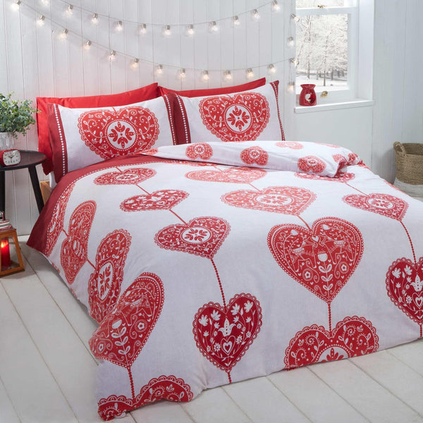 Scandi Heart 100% Brushed Cotton Flannelette Red Duvet Cover Set - Single - Ideal Textiles