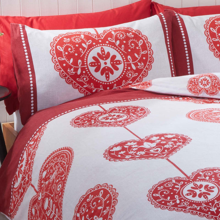 Scandi Heart 100% Brushed Cotton Flannelette Red Duvet Cover Set -  - Ideal Textiles