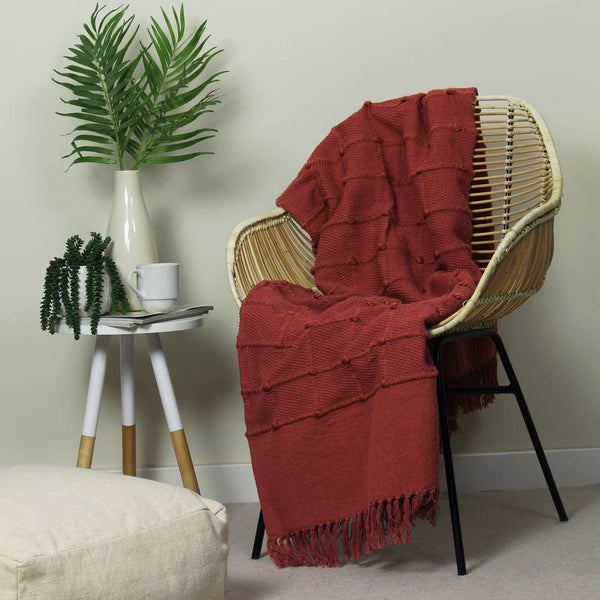 Motti Linear Weave Fringed Red Clay Throw 130cm x 180cm -  - Ideal Textiles