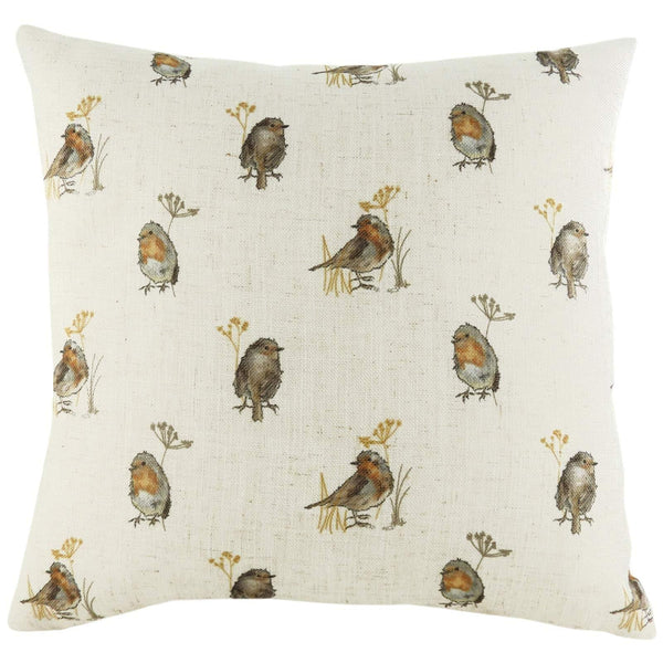 Oakwood Watercolour Robin Repeat Natural Filled Cushions 17'' x 17'' - Polyester Pad - Ideal Textiles