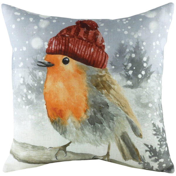Snowy Robin Wintery Christmas Filled Cushions - Polyester Pad - Ideal Textiles