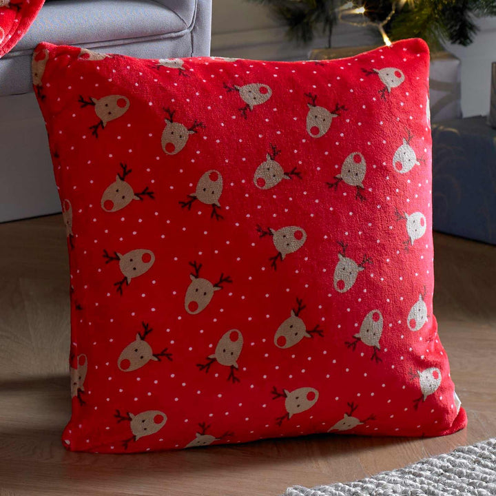 Rudolph Fleece Red Christmas Cushion Cover 18" x 18" - Ideal