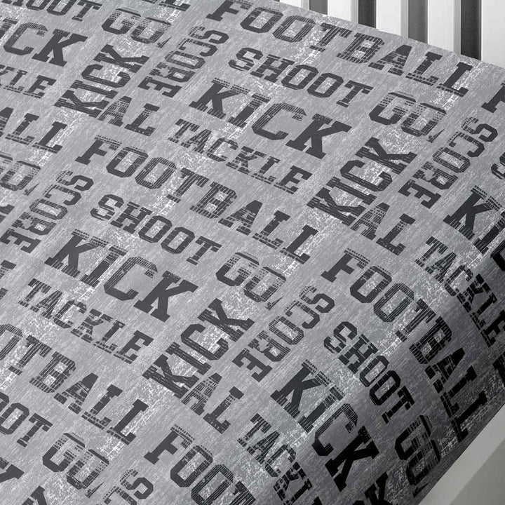 Football Slogans Print Cotton Blend Kids Grey Fitted Sheet - Single - Ideal Textiles